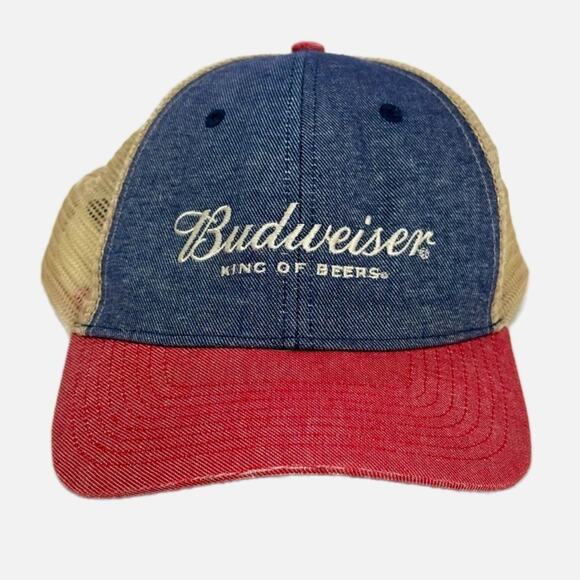 Denim Trucker Style Budweiser King of Beers Baseball Cap Hat - RED TAN BLUE - Picture 1 of 8